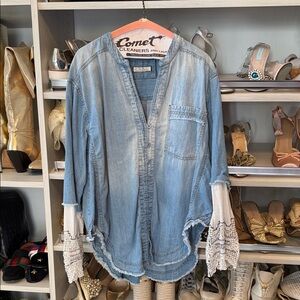 We The Free Blue Denim Lace Top